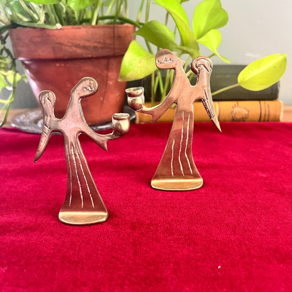 Vintage Brass Angel Candle Holders Set of 2 Mid Century Modern Korea